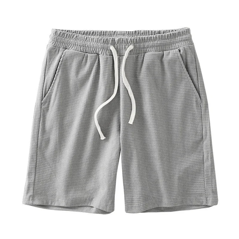 Men's Mid Waist Waffle Texture Casual Shorts With Drawstring