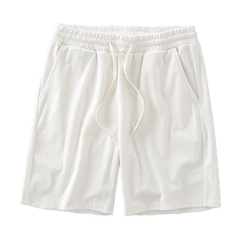 Men's Mid Waist Waffle Texture Casual Shorts With Drawstring