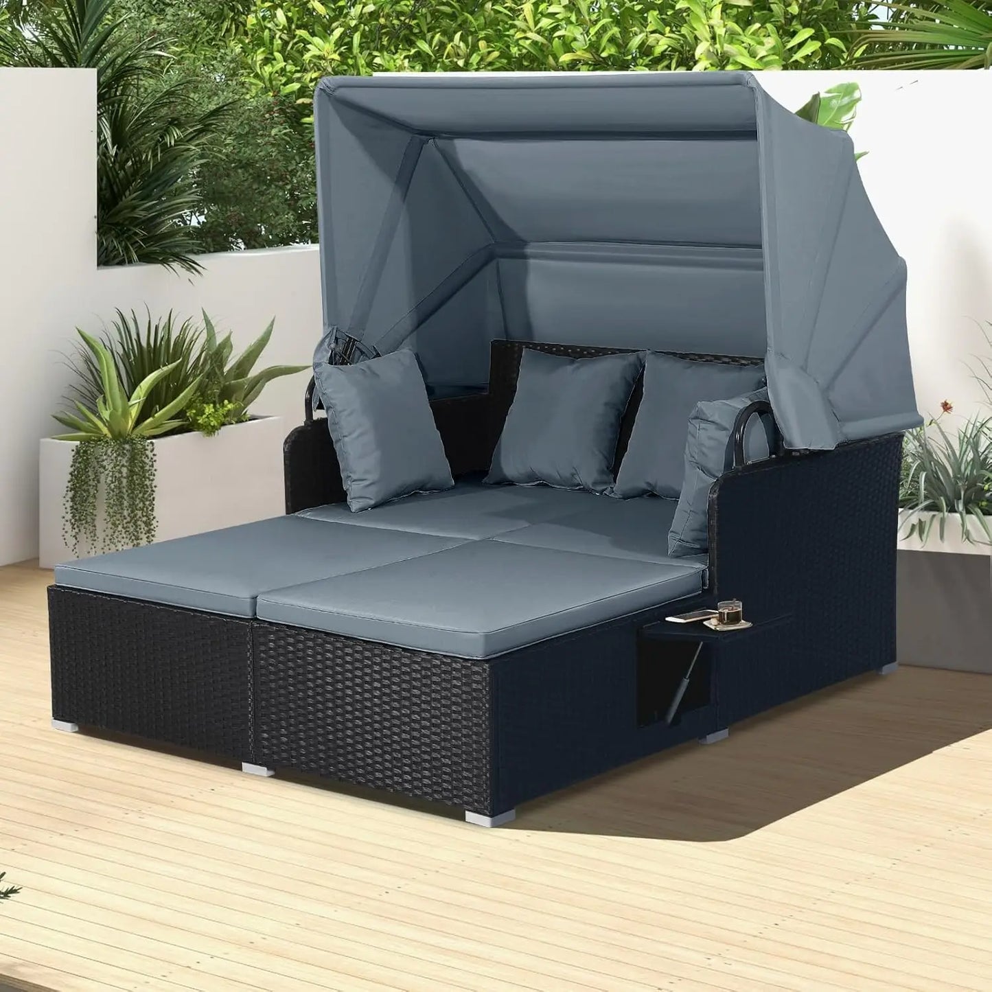 GUANGBAI Outdoor Daybed With Retractable Canopy Wicker Patio Set