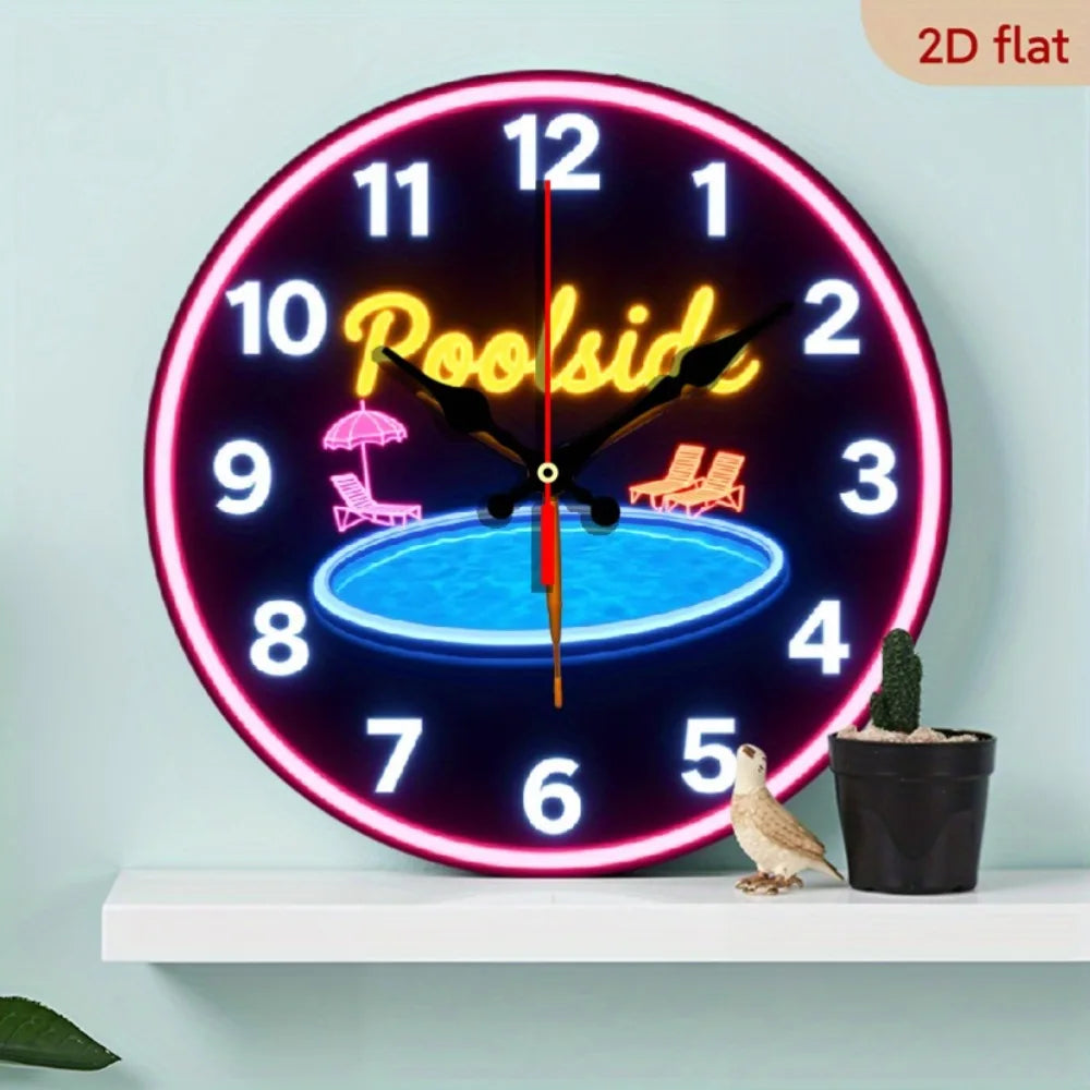 XMSJ Silent Neon Poolside Wall Clock With Retro Wooden Decor