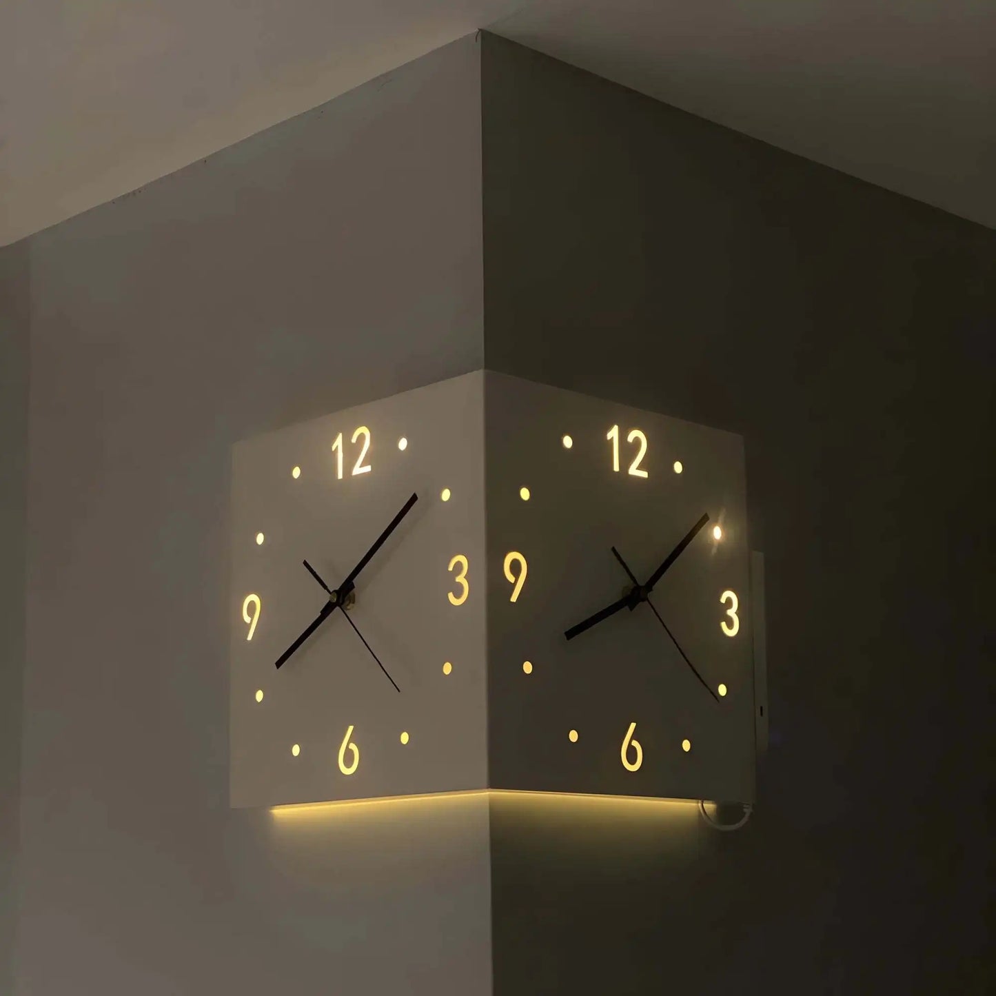 Corner Modern Double-Sided Luminous Sensor Wall Clock Mute Quartz