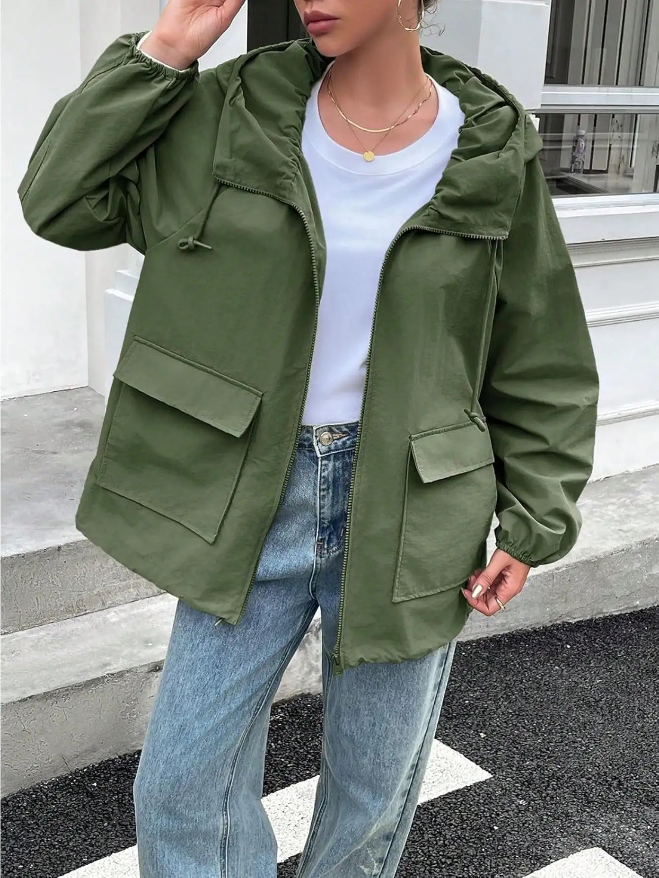 Women Waterproof Lightweight Hooded Nylon Windbreaker Jacket