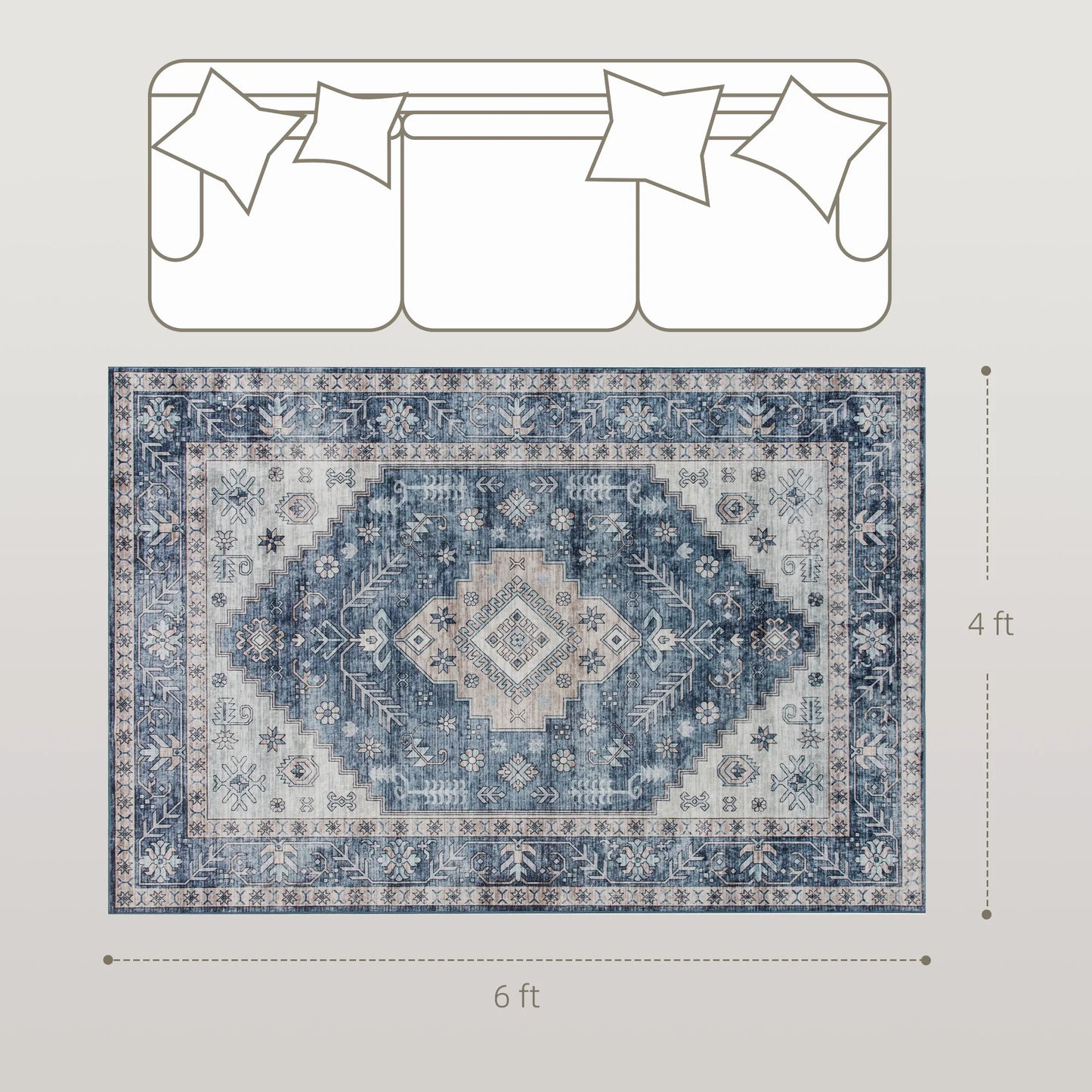 Machine Washable Area Rug With Vintage Medallion Distressed Design