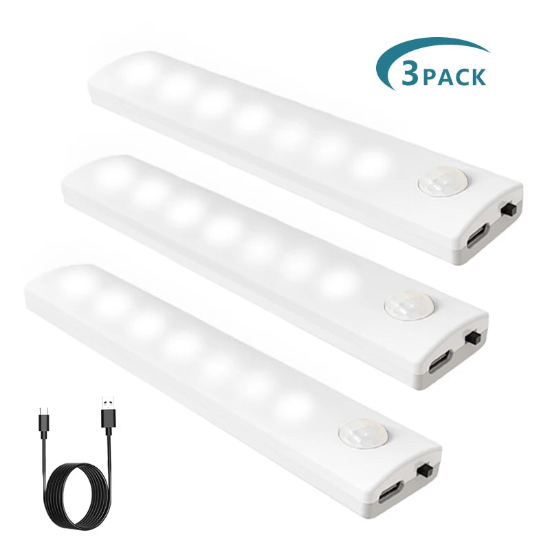 3-Pack Motion Sensor LED Cabinet Lighting USB Rechargeable Magnetic Mount