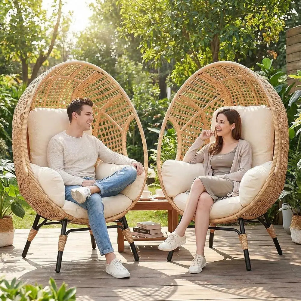 Double Set Indoor Outdoor Wicker Egg Chairs With Cushions