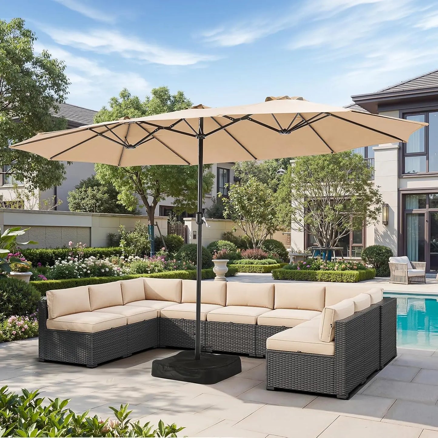 Patio DoubleSided Rectangular Umbrella With Crank And Base