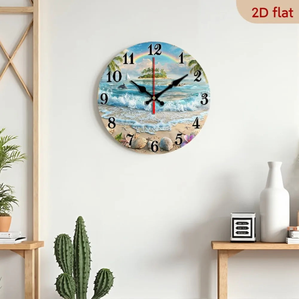XMSJ Round Wooden Wall Clock Featuring Tropical Beach Dolphin Art