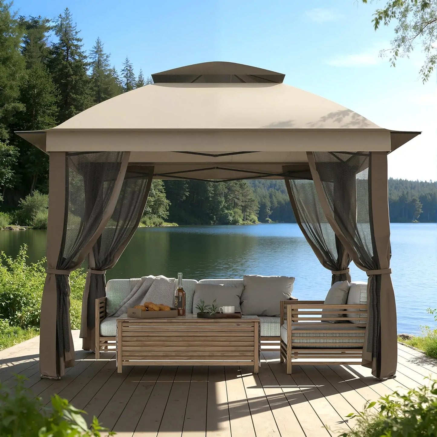 Heavy-Duty Gazebo With Mosquito Netting And Double Roofs
