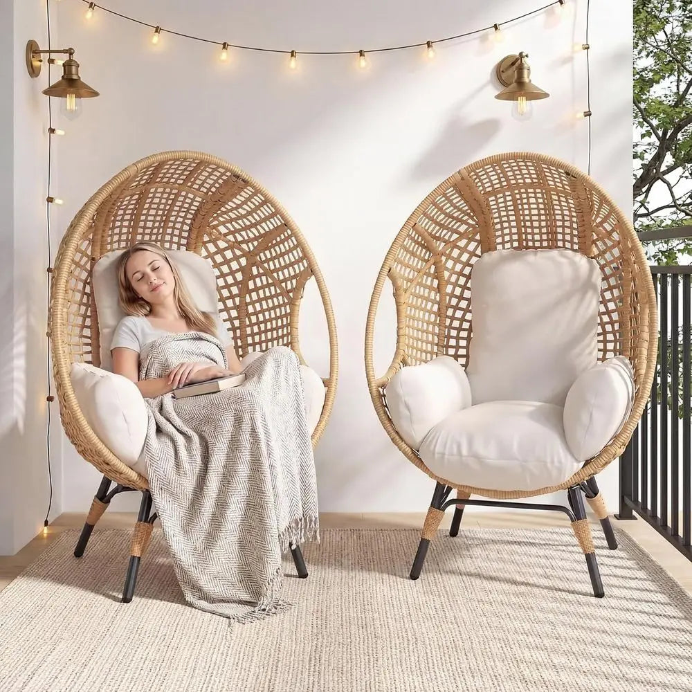 Double Set Indoor Outdoor Wicker Egg Chairs With Cushions