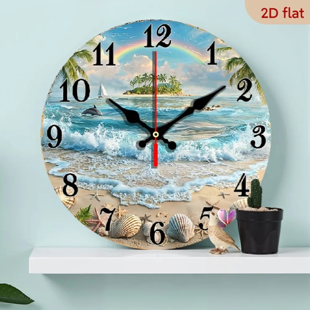 XMSJ Round Wooden Wall Clock Featuring Tropical Beach Dolphin Art