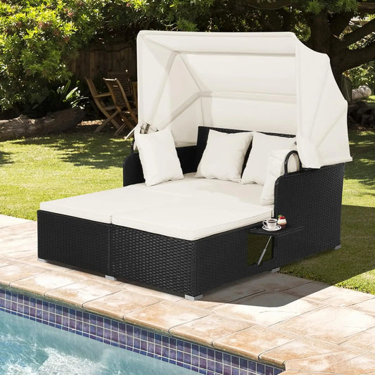 GUANGBAI Outdoor Daybed With Retractable Canopy Wicker Patio Set