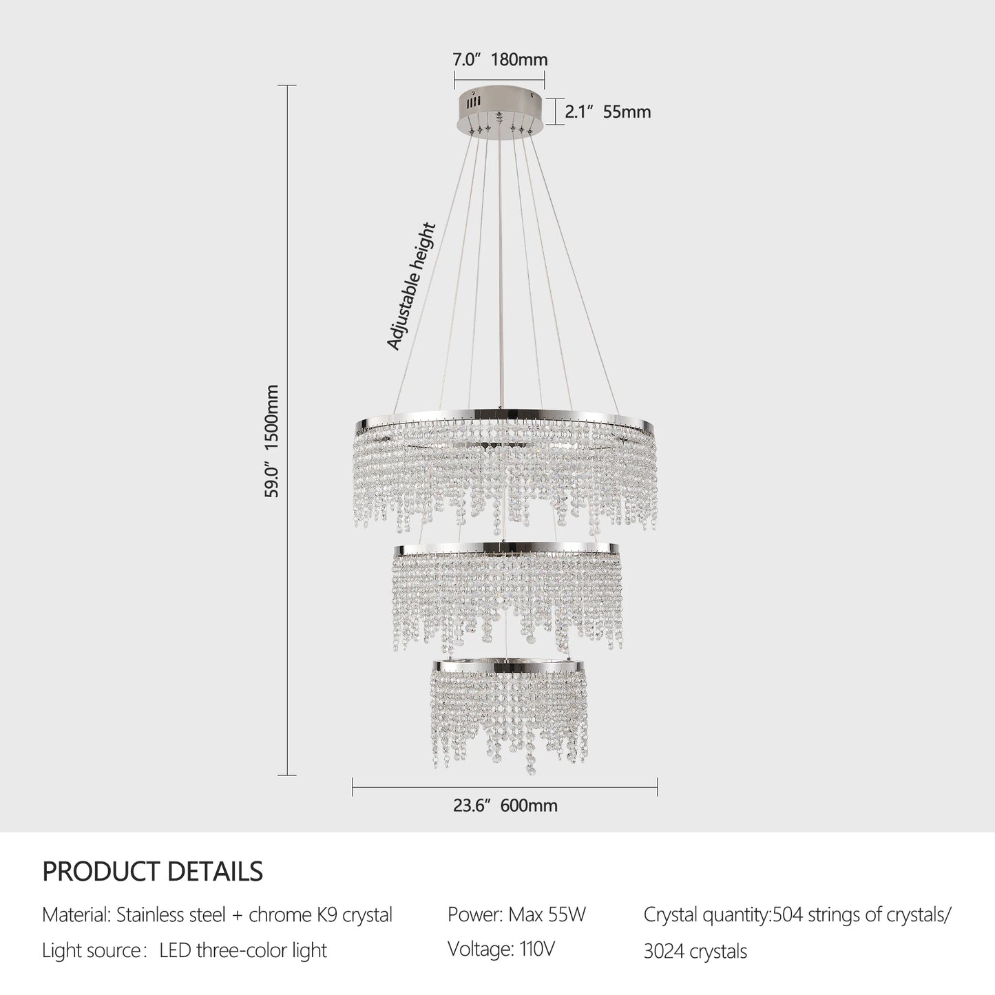 Crystal Chandelier LED Pendant Light With Adjustable Color Temperature