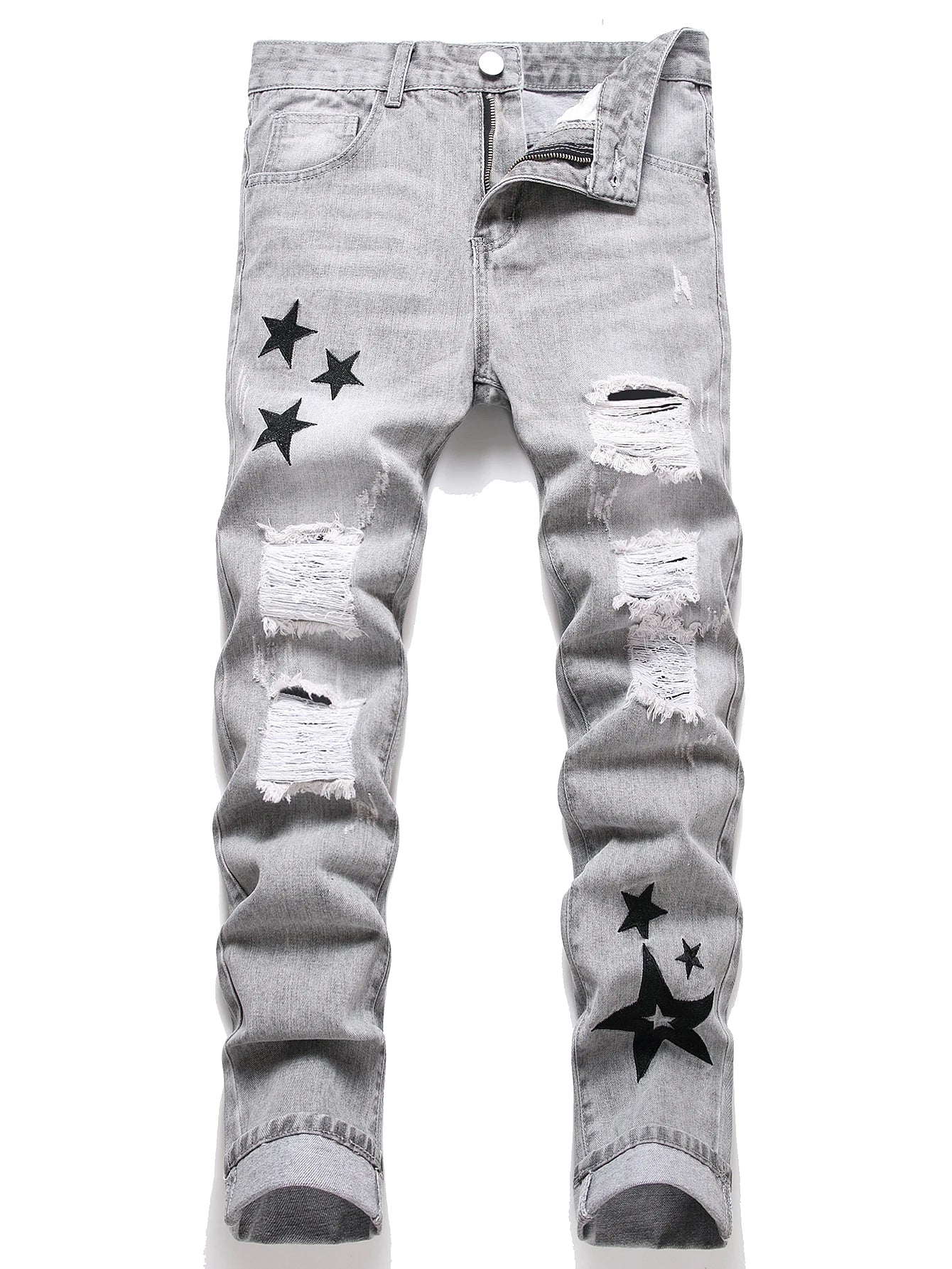 NONECN Men's Jeans Straight-Leg Ripped Embroidered Denim