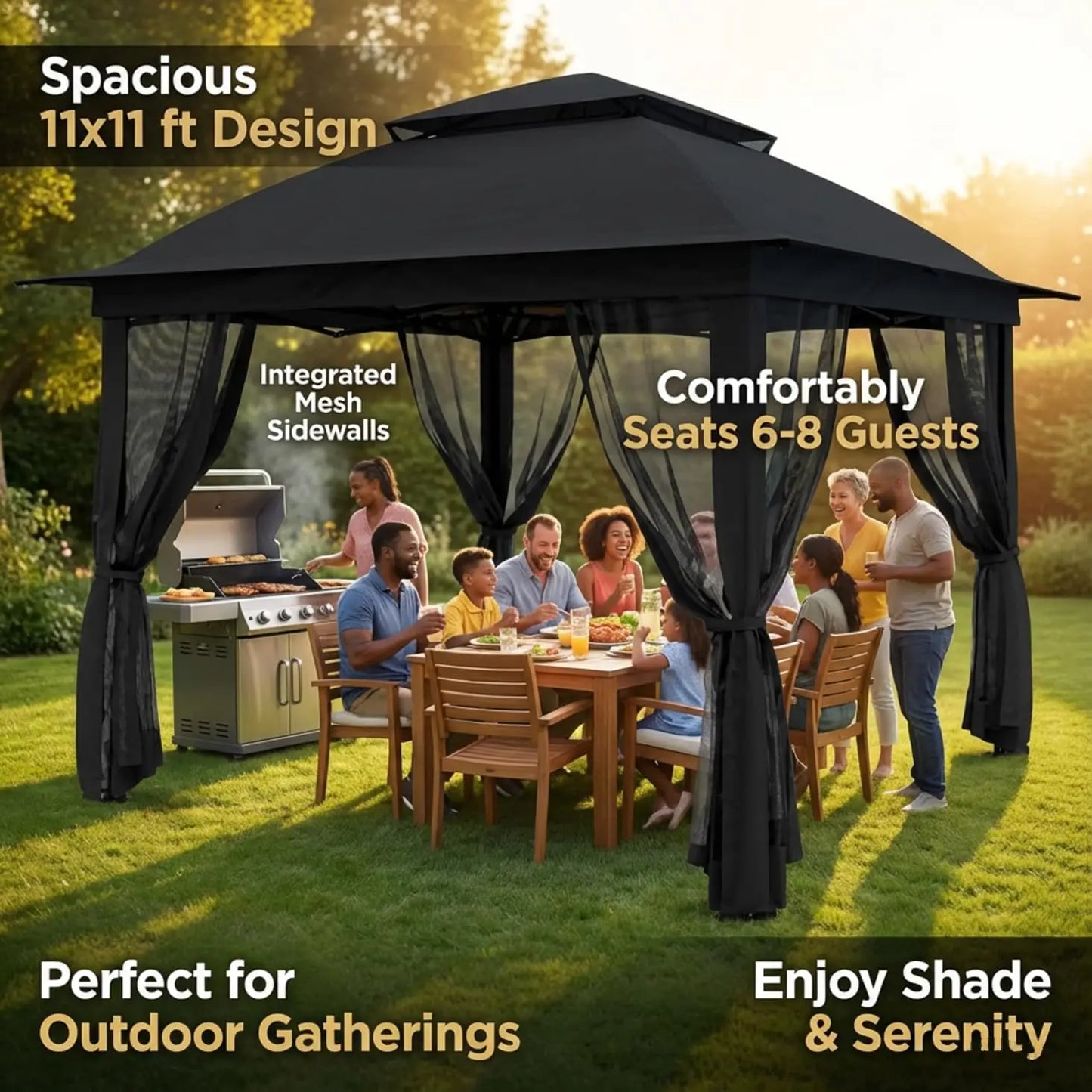 Heavy-Duty Gazebo With Mosquito Netting And Double Roofs